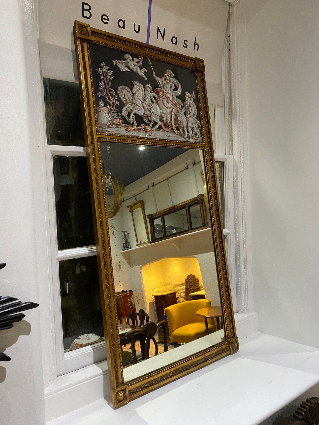 ANTIQUE 19TH CENTURY GILTWOOD PIER MIRROR DECORATED WITH A PASTEL PAINTING DEPICTING ATHENA AND HERCULESWITH ORIGINAL MIRROR PLATE