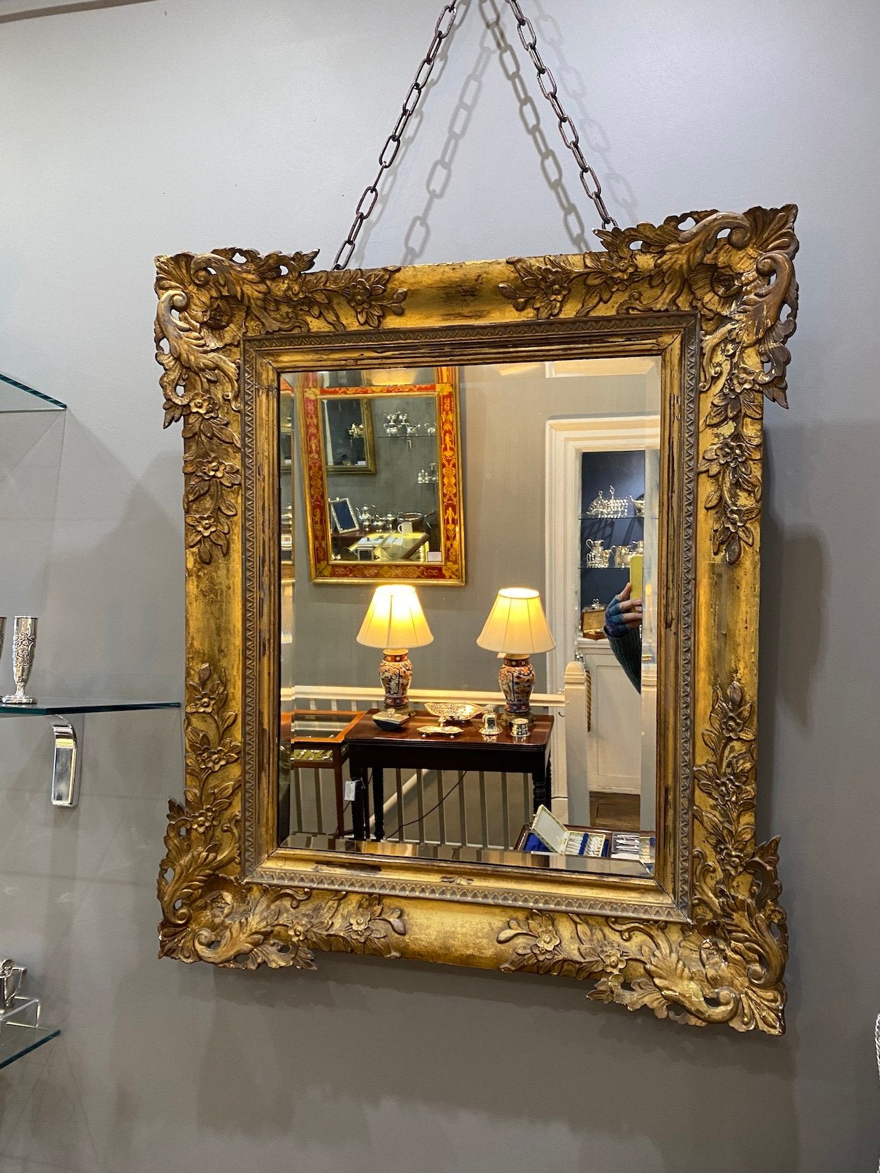 ANTIQUE FOLIATE BEVELLED GLASS WALL MIRROR CIRCA 1880