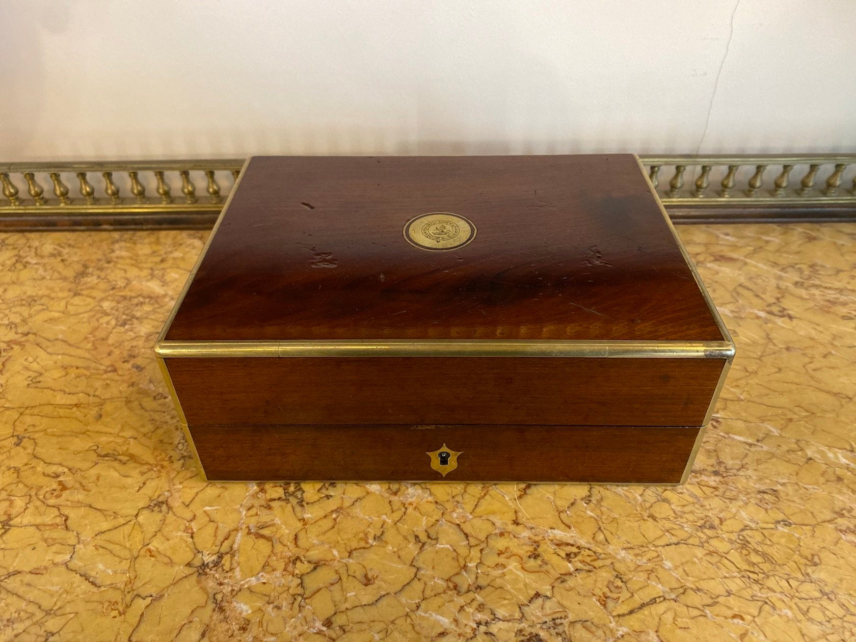 BRASS BOUND MAHOGANY JEWELLERY BOX. ENGLISH CIRCA 1840