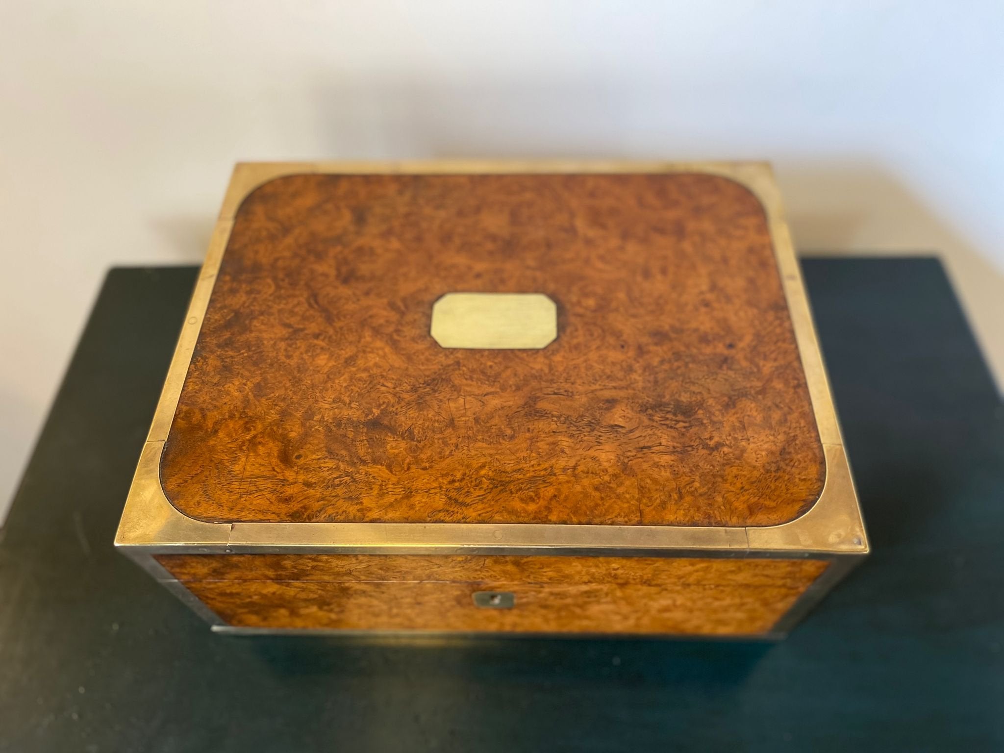 BRASS BOUND SOLID AMBOYNA BOX CIRCA 1850