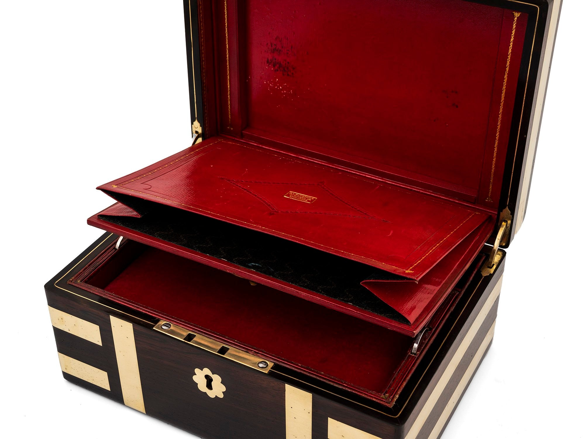 ANTIQUE BRASS BOUND JEWELLERY BOX VENEERED IN BEAUTIFULLY FIGURED ROSEWOOD, BY FREDERICK LUDWIG HAUSBURG. CIRCA 1850