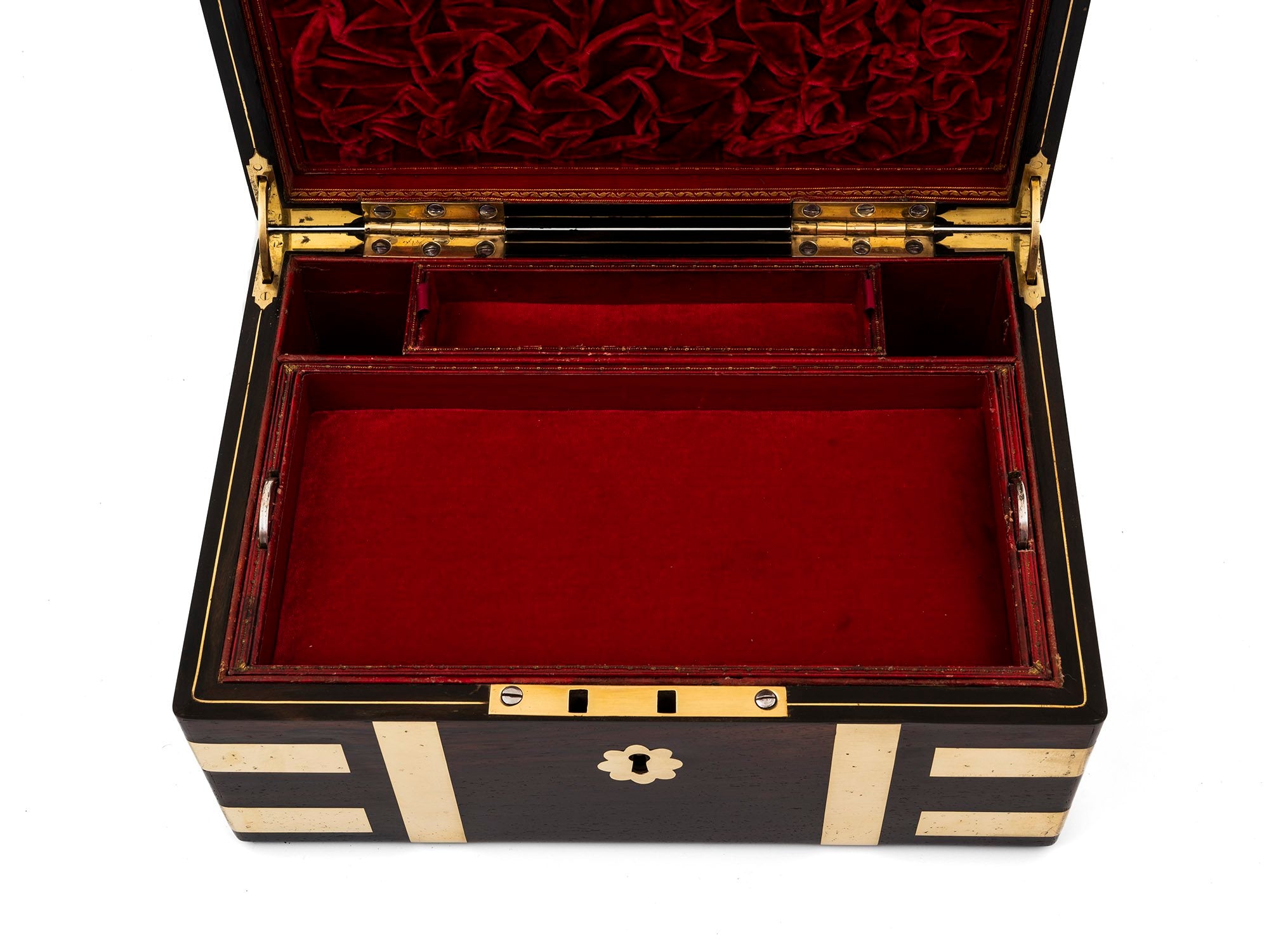 ANTIQUE BRASS BOUND JEWELLERY BOX VENEERED IN BEAUTIFULLY FIGURED ROSEWOOD, BY FREDERICK LUDWIG HAUSBURG. CIRCA 1850