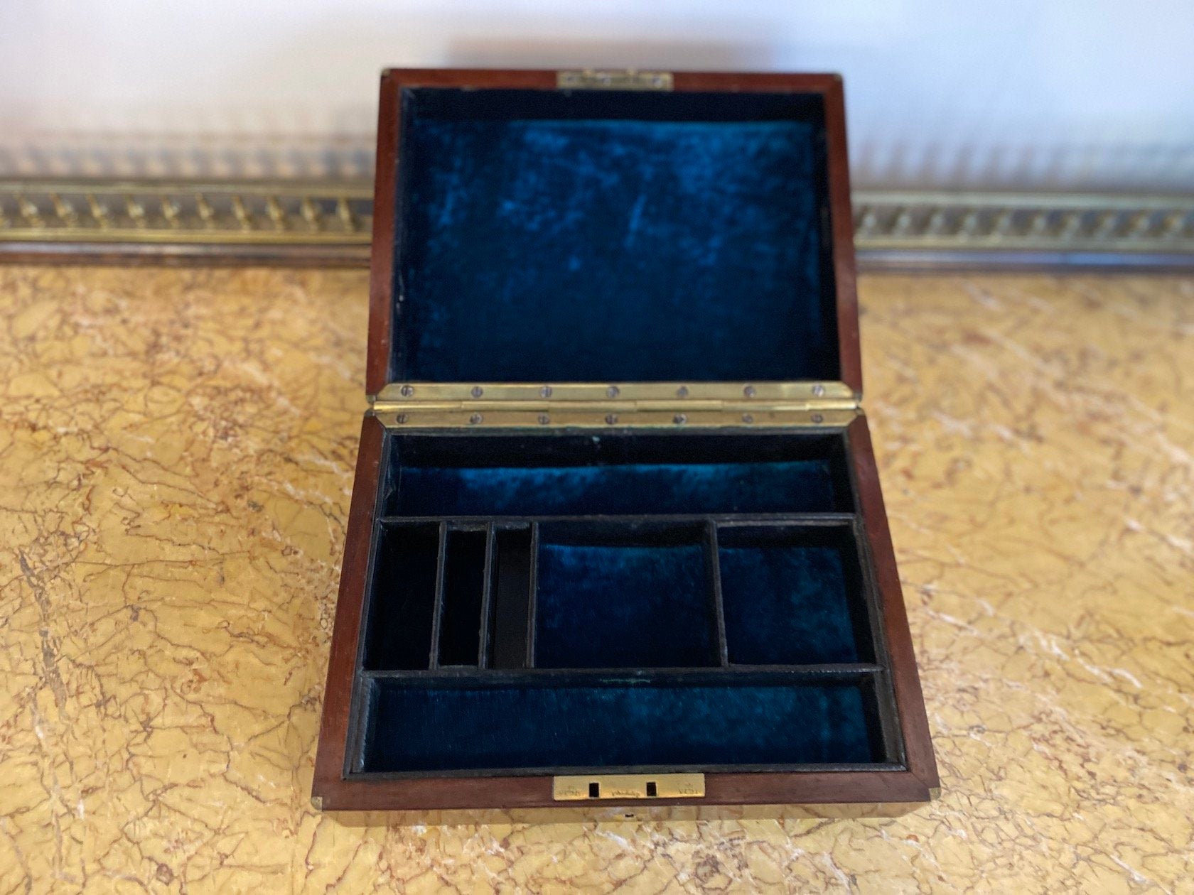 BRASS BOUND MAHOGANY JEWELLERY BOX. ENGLISH CIRCA 1840