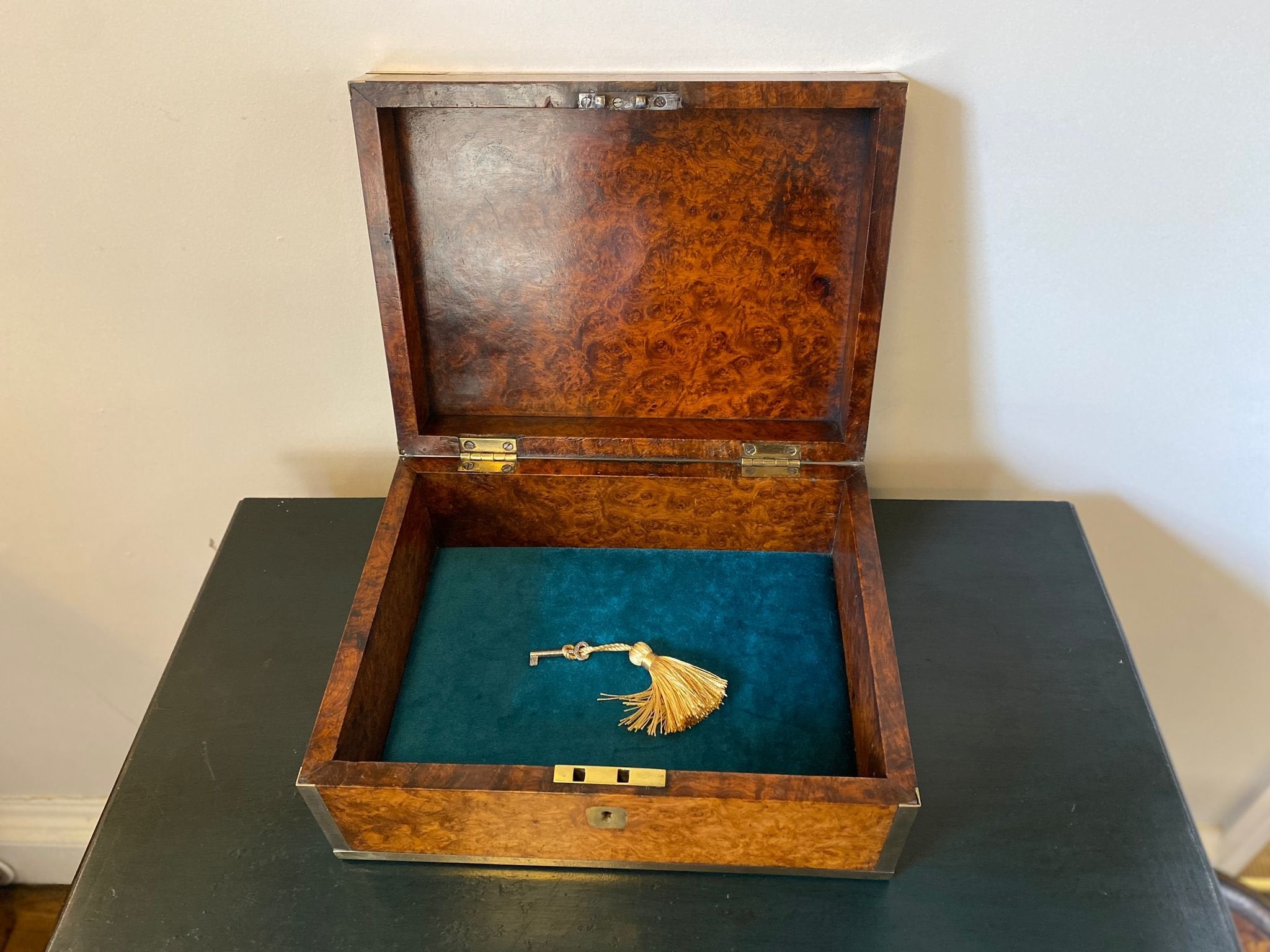 BRASS BOUND SOLID AMBOYNA BOX CIRCA 1850