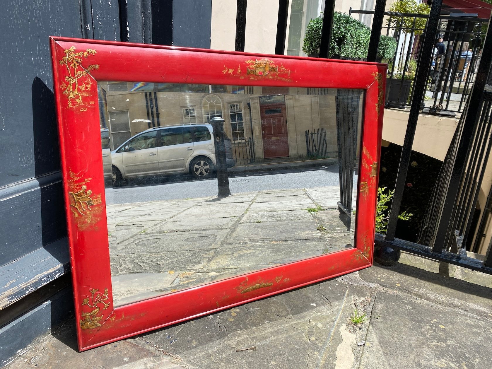 CHINOISERIE RED LACQUERED MIRROR WITH HEAVY BEVELLED GLASS CIRCA 1930'S