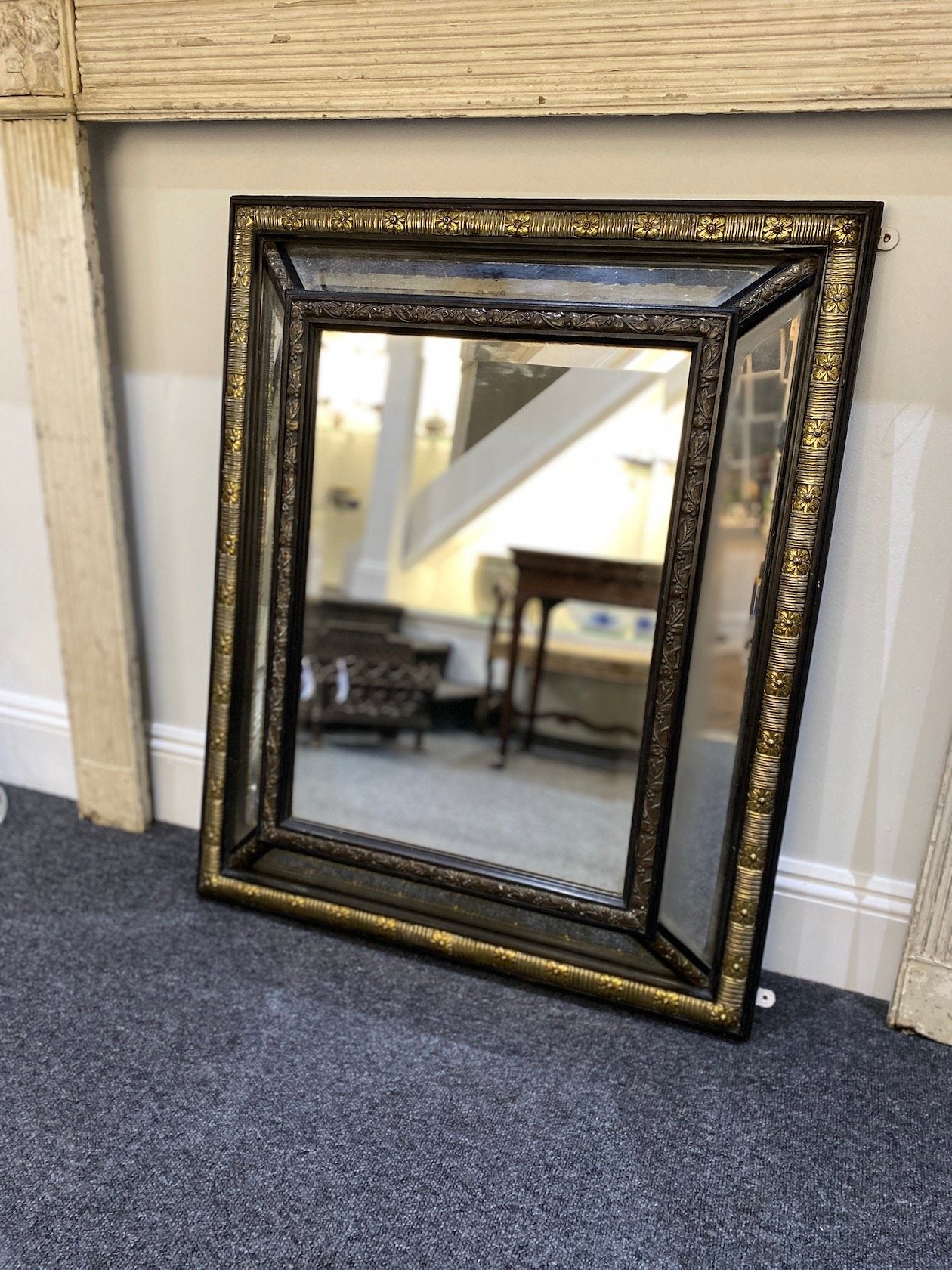 19TH CENTURY CUSHIONED MIRROR WITH BEVELLED GLASS IN ORIGINAL CONDITION CIRCA 1880