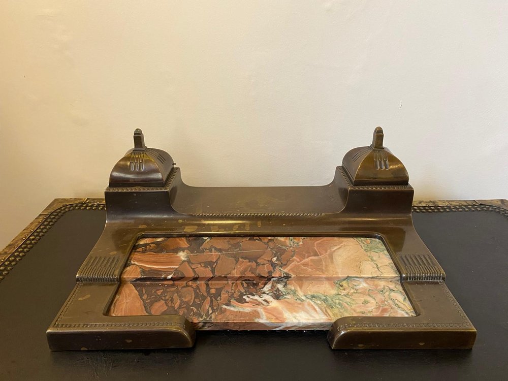 EARLY 20TH CENTURY UNUSUAL BRONZE AND MARBLE DESK STAND