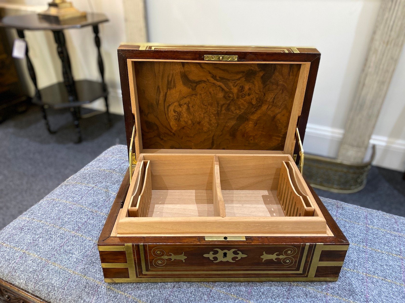 ANTIQUE 19TH CENTURY, POSSIBLY INDIAN, HARDWOOD WRITING BOX WITH EXTENSIVE BRASS INLAY CONVERTED TO USE AS A HUMIDOR