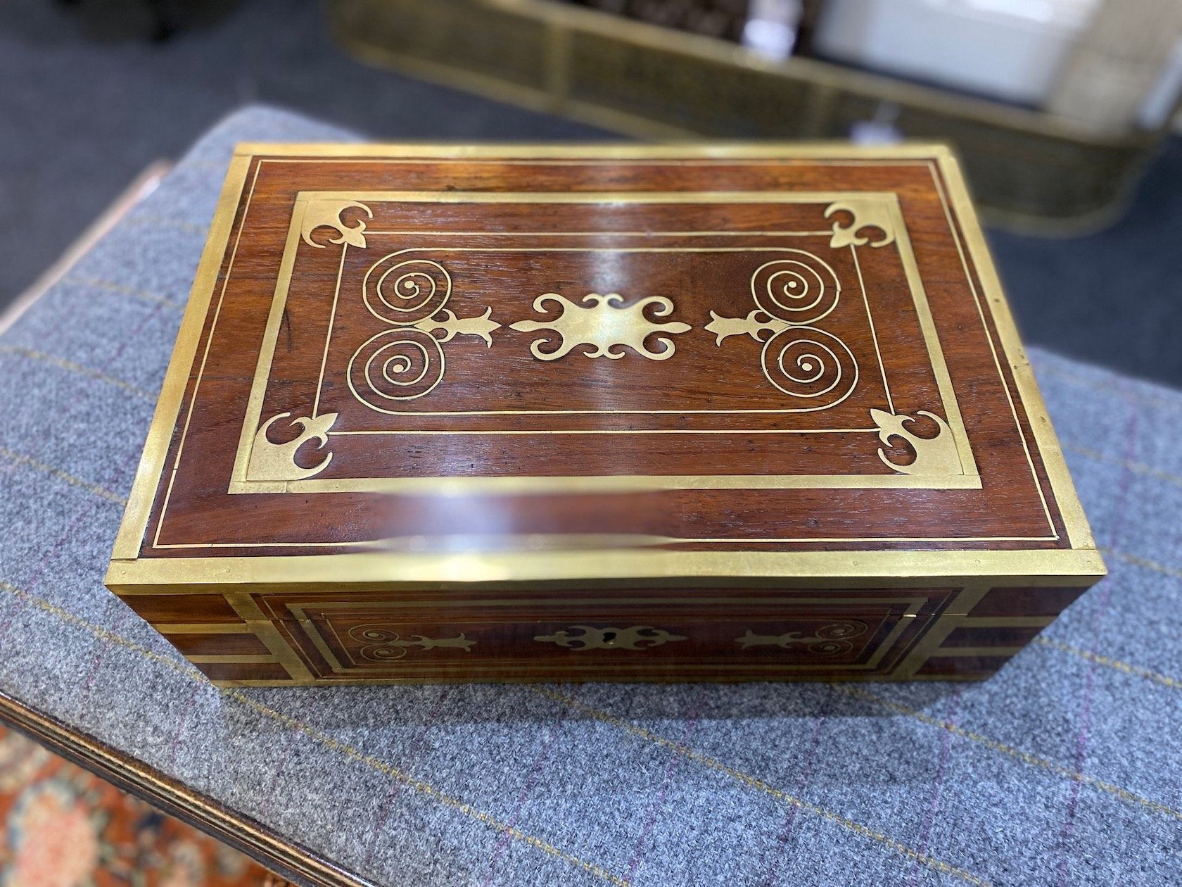 ANTIQUE 19TH CENTURY, POSSIBLY INDIAN, HARDWOOD WRITING BOX WITH EXTENSIVE BRASS INLAY CONVERTED TO USE AS A HUMIDOR