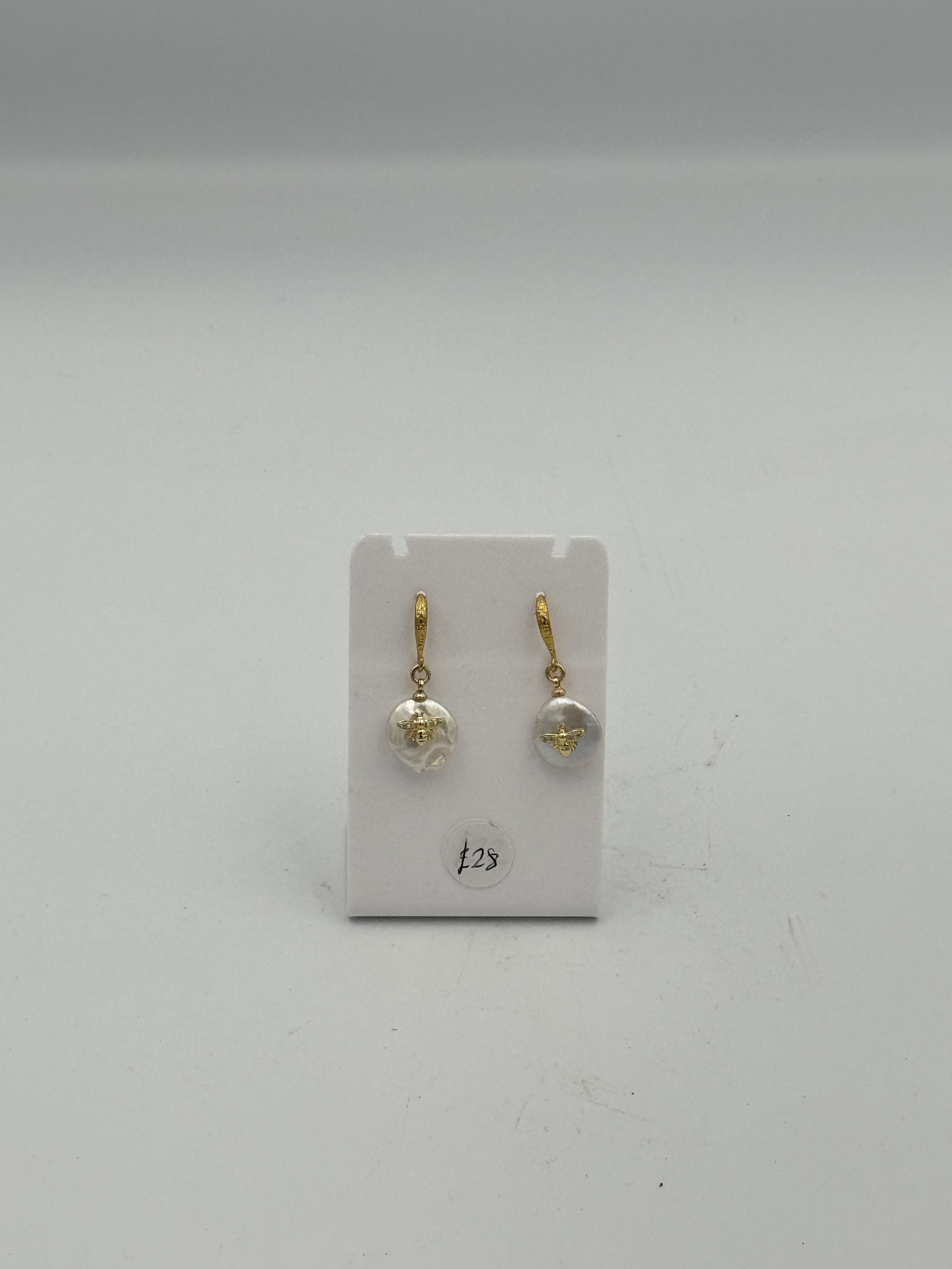 Handmade Pearl Gold Bumblebee Earrings