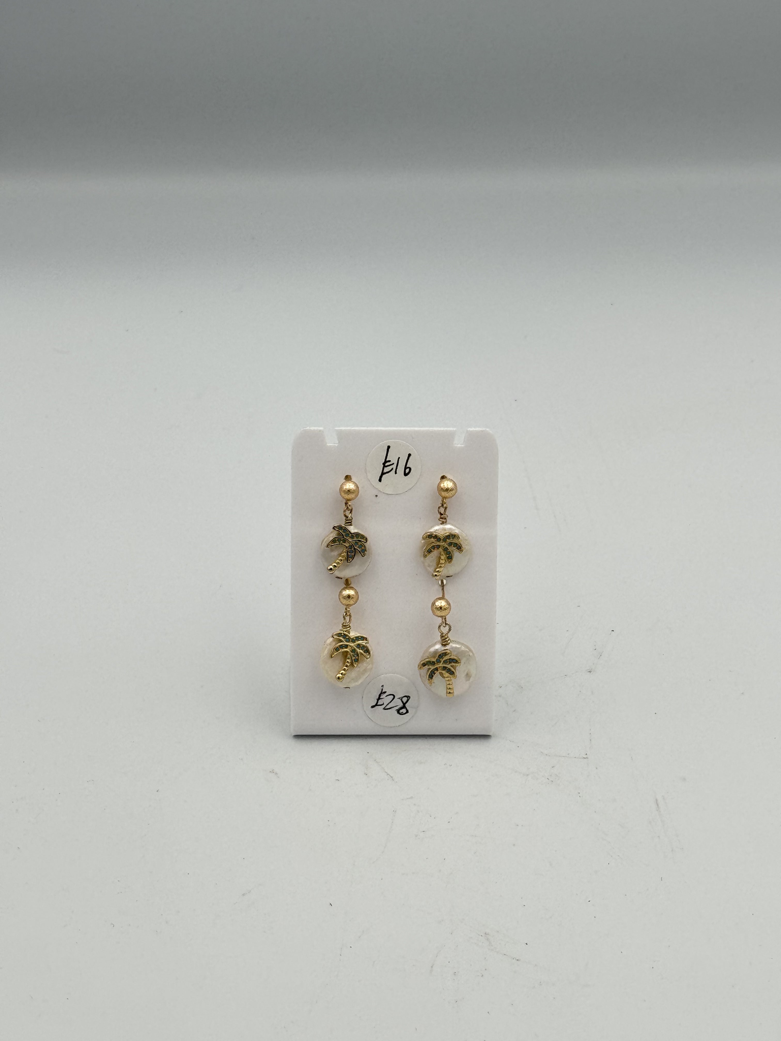 Handmade Midnight Blue Palm Trees on Pearl - gold plate Earrings