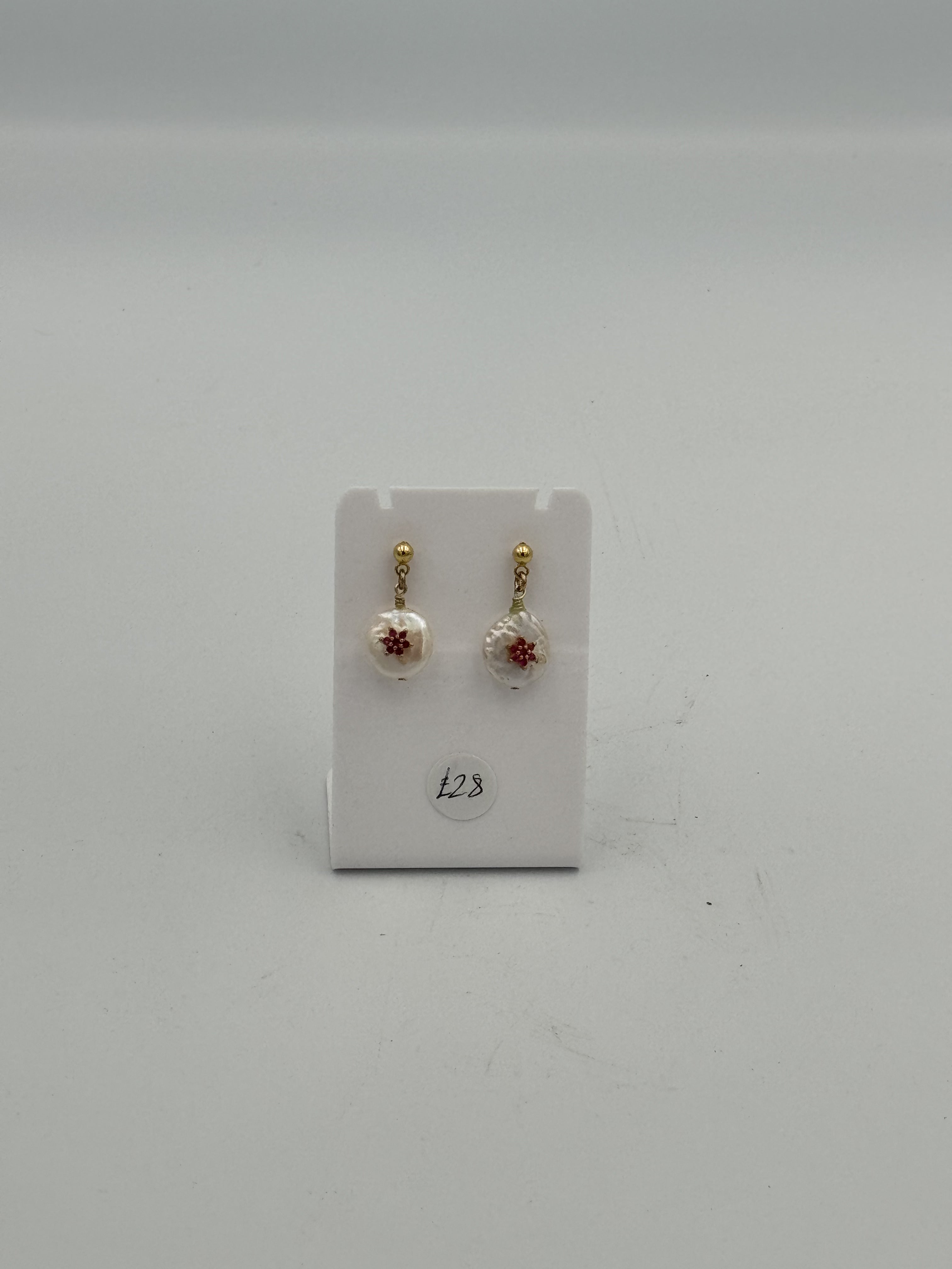 Handmade Pearl Gold Red Flower Earrings