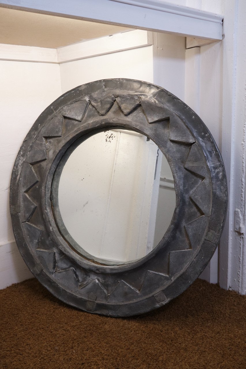 19TH CENTURY LEAD WINDOW FRAME MIRROR WITH ZIG ZAG DESIGN OVER A TIMBER FRAME