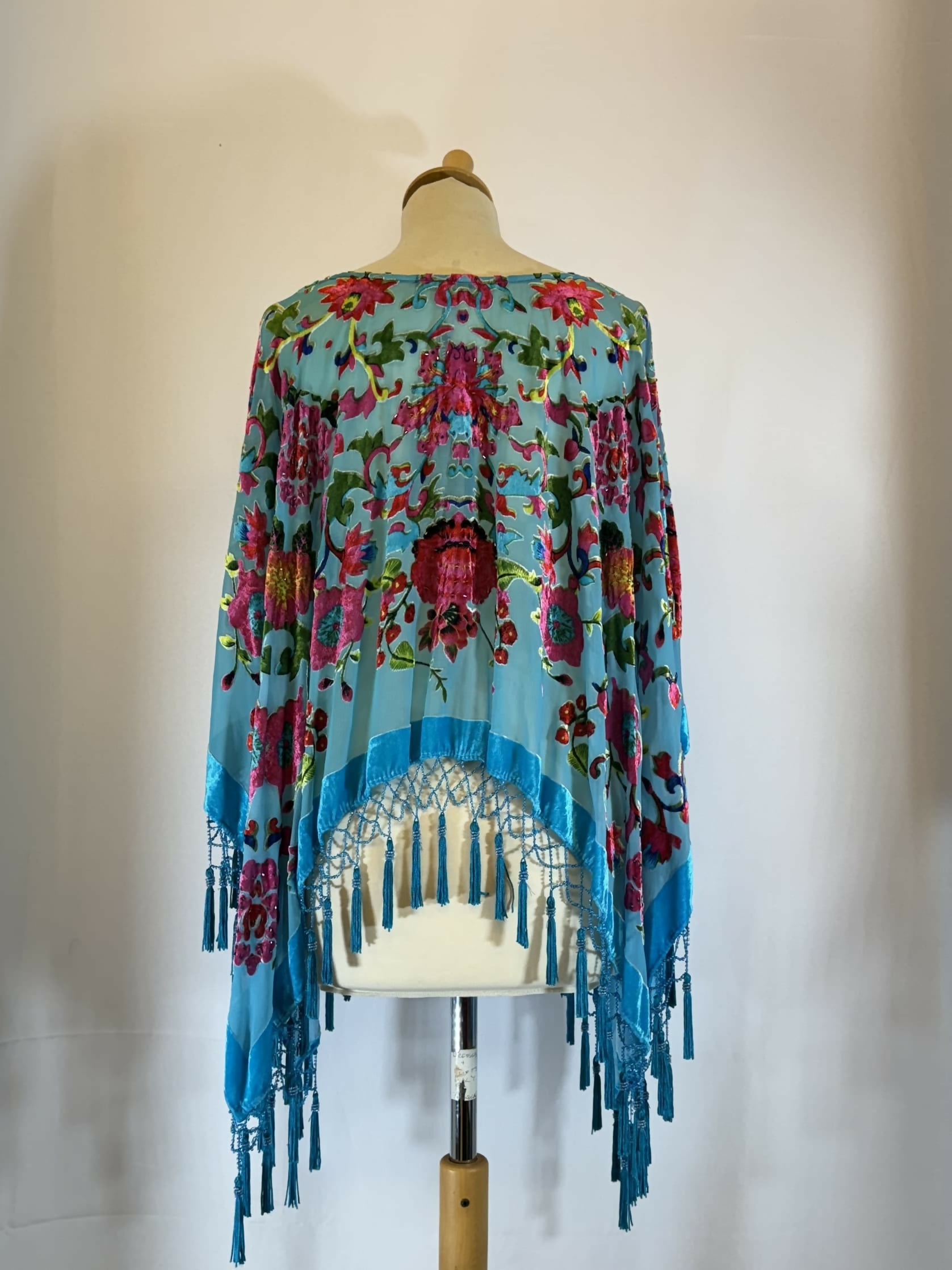 Jayley Turqoise Silk Devore Beaded Cape