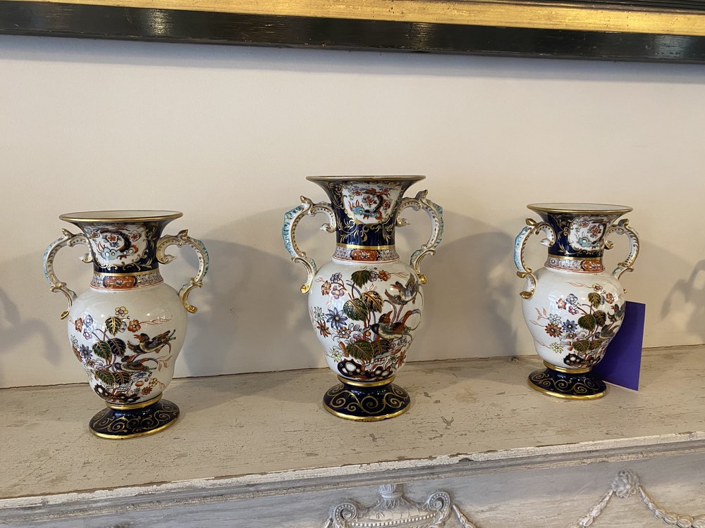 SET OF 3 VASE GARNITURE MASONS LYRE BIRDS VASES CIRCA 1835-45