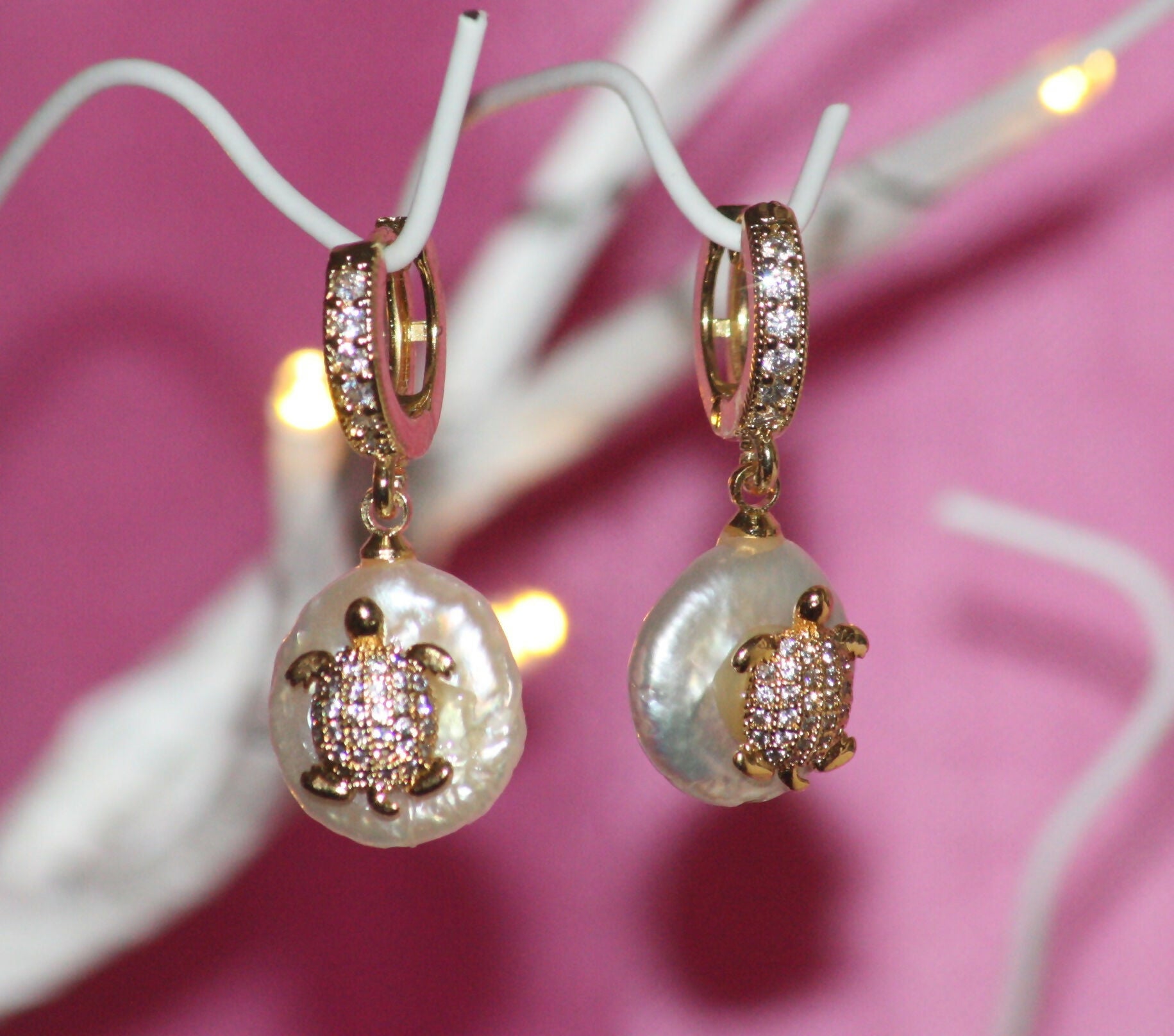 Handmade Gold Turtle on Pearl Earrings