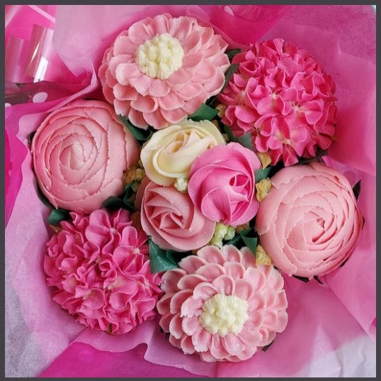 VEGAN PINK FLOWERS 7 CUPCAKE BOUQUET