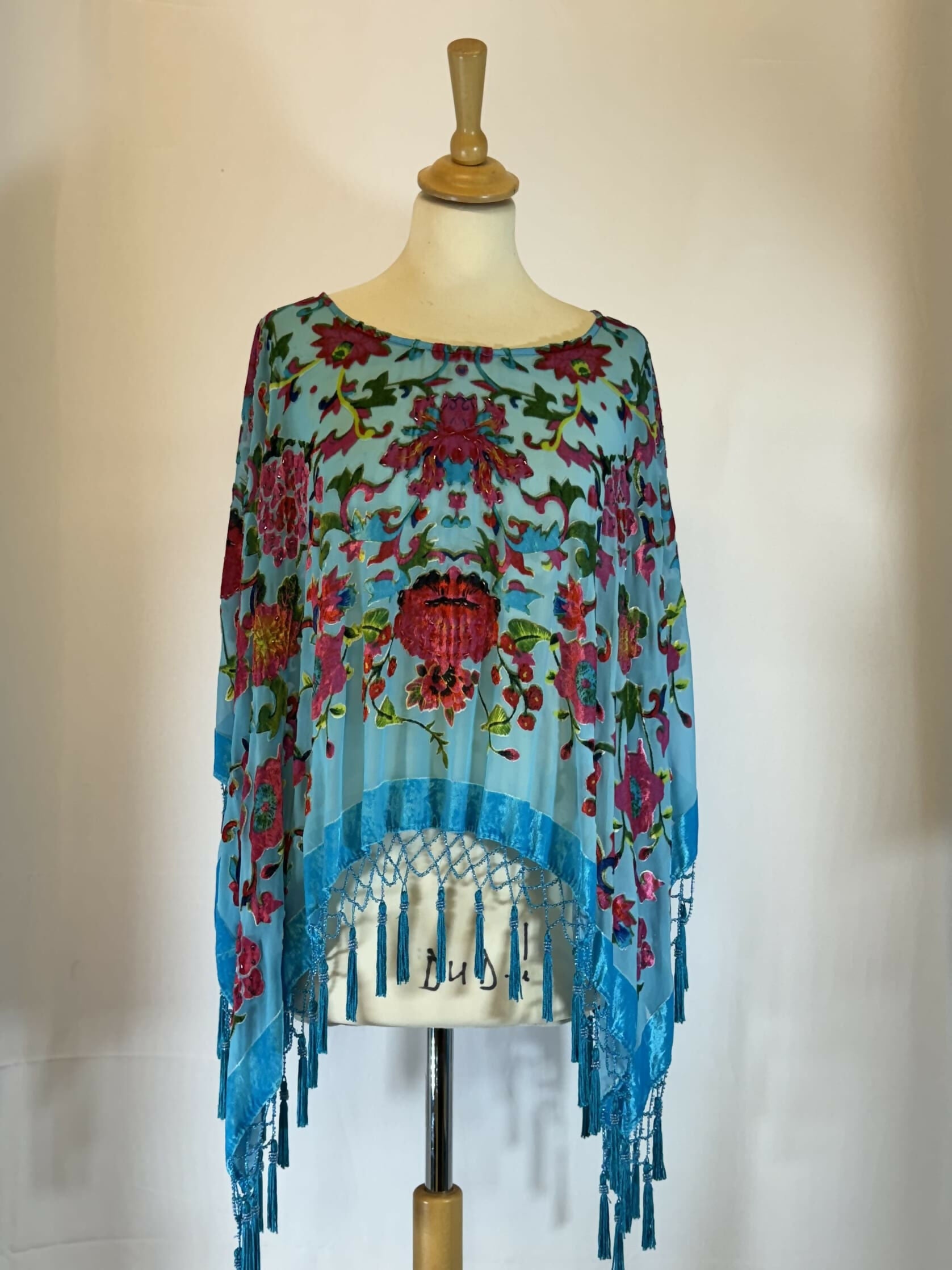 Jayley Turqoise Silk Devore Beaded Cape (1)