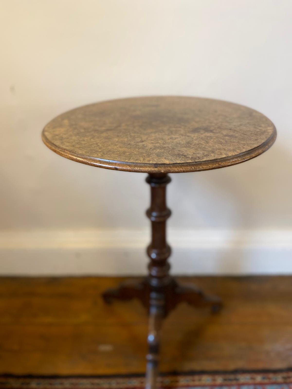 19TH CENTURY BURR WALNUT TRIPOD WINE TABLE. STAMPED WITH A CROWN.