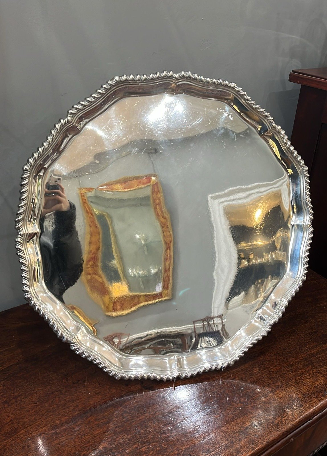 An impressive very large round ribbon and pie crust silver salver totally clean with no erased inscriptions. Birmingham by Alexander Clark 1924 (AA058)