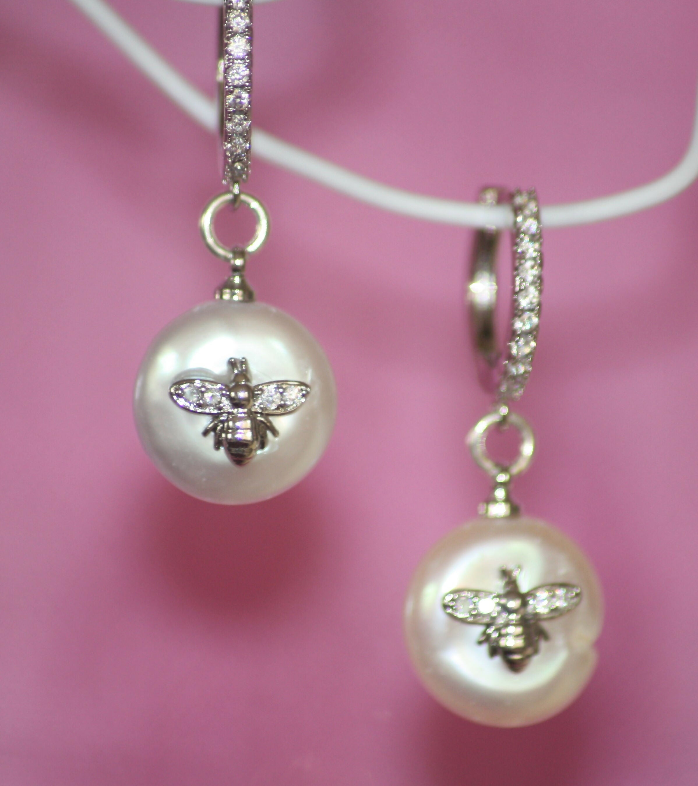 Handmade Silver Bee on Pearl Earrings