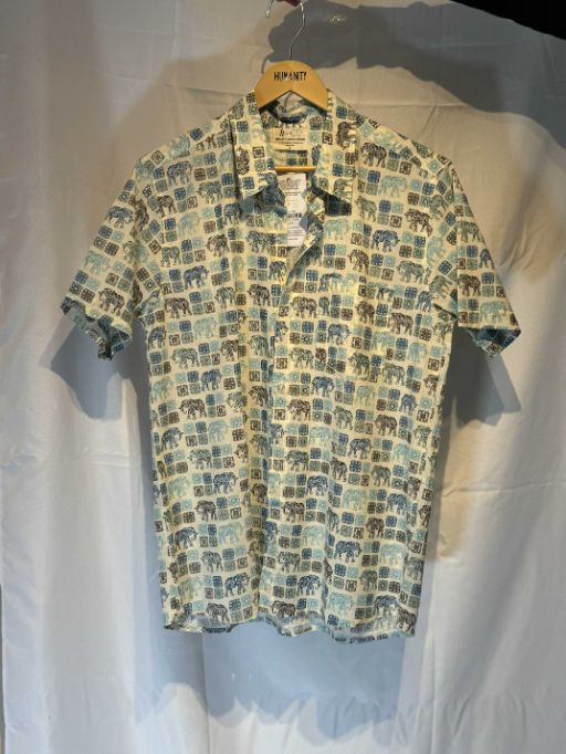 Humanity Centred Design Mens Summer Shirts Beige Blue Elephant Square Pattern M