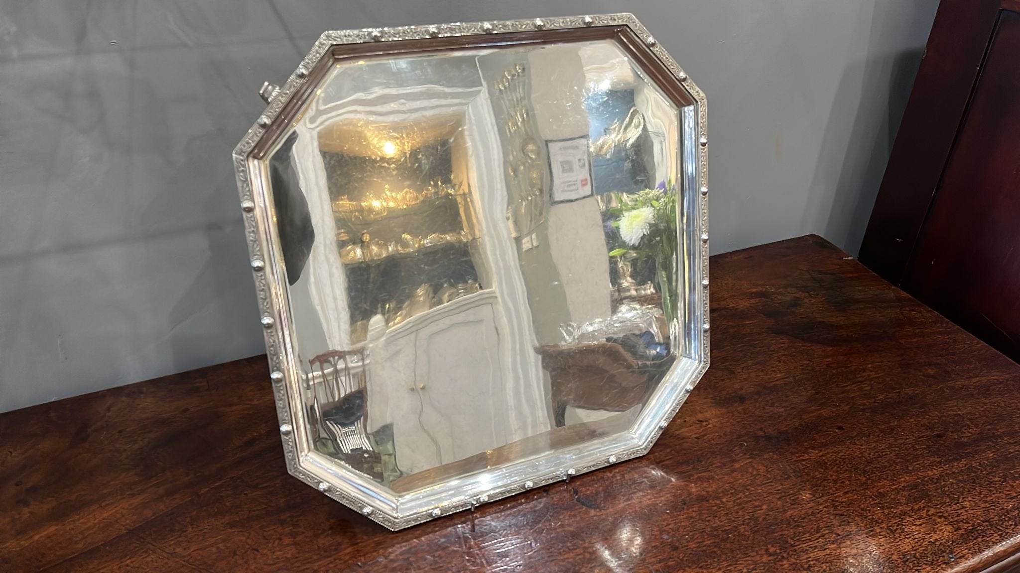 Canted corner square silver salver with Celtic applied decorative border. Birmingham 1949 (BN4662)