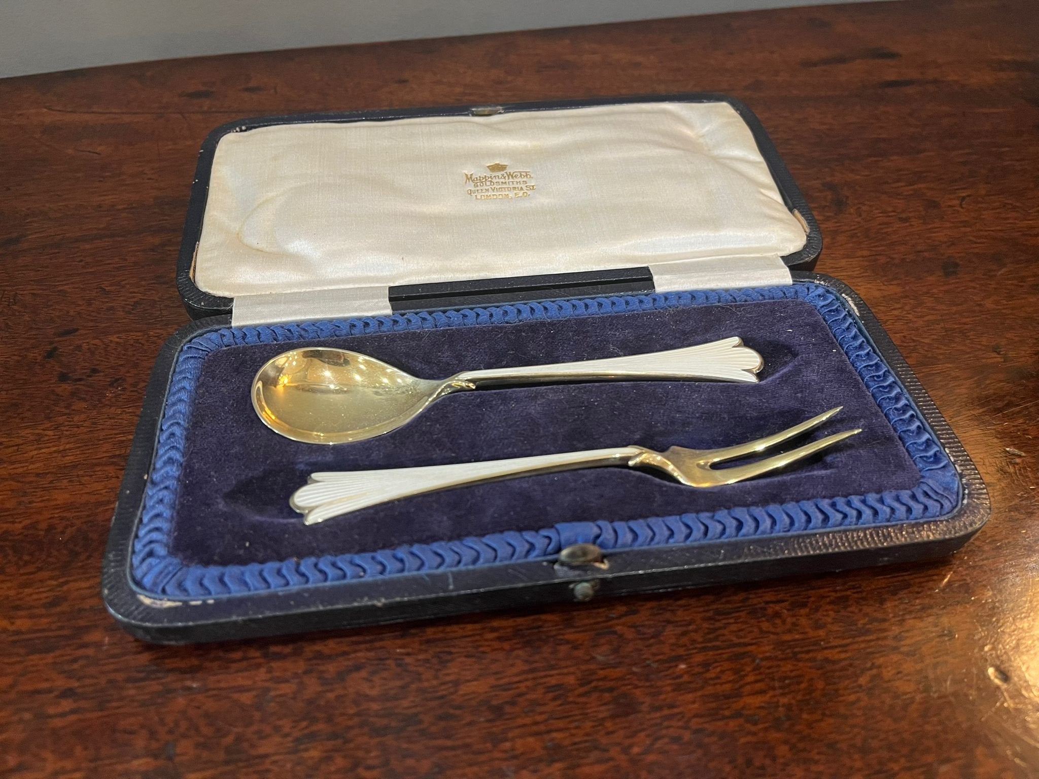 Boxed silver and gilt white enamel cocktail / cake spoon and fork by Magnus Aese of Bergen Norway circa 1950 (BN501)