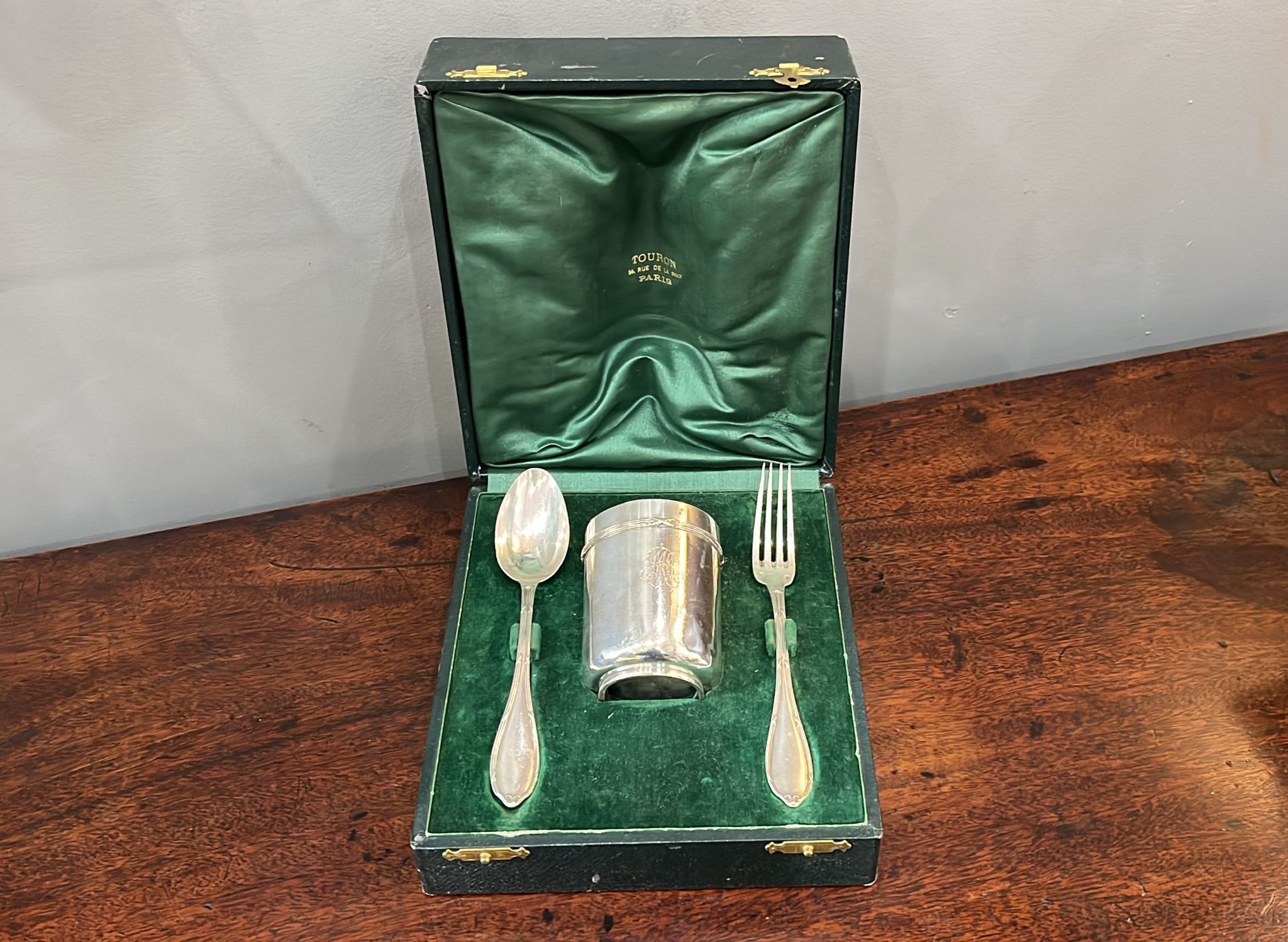 Boxed three-piece French silver christening set of spoon, fork and beaker. Circa 1900 (BN644)