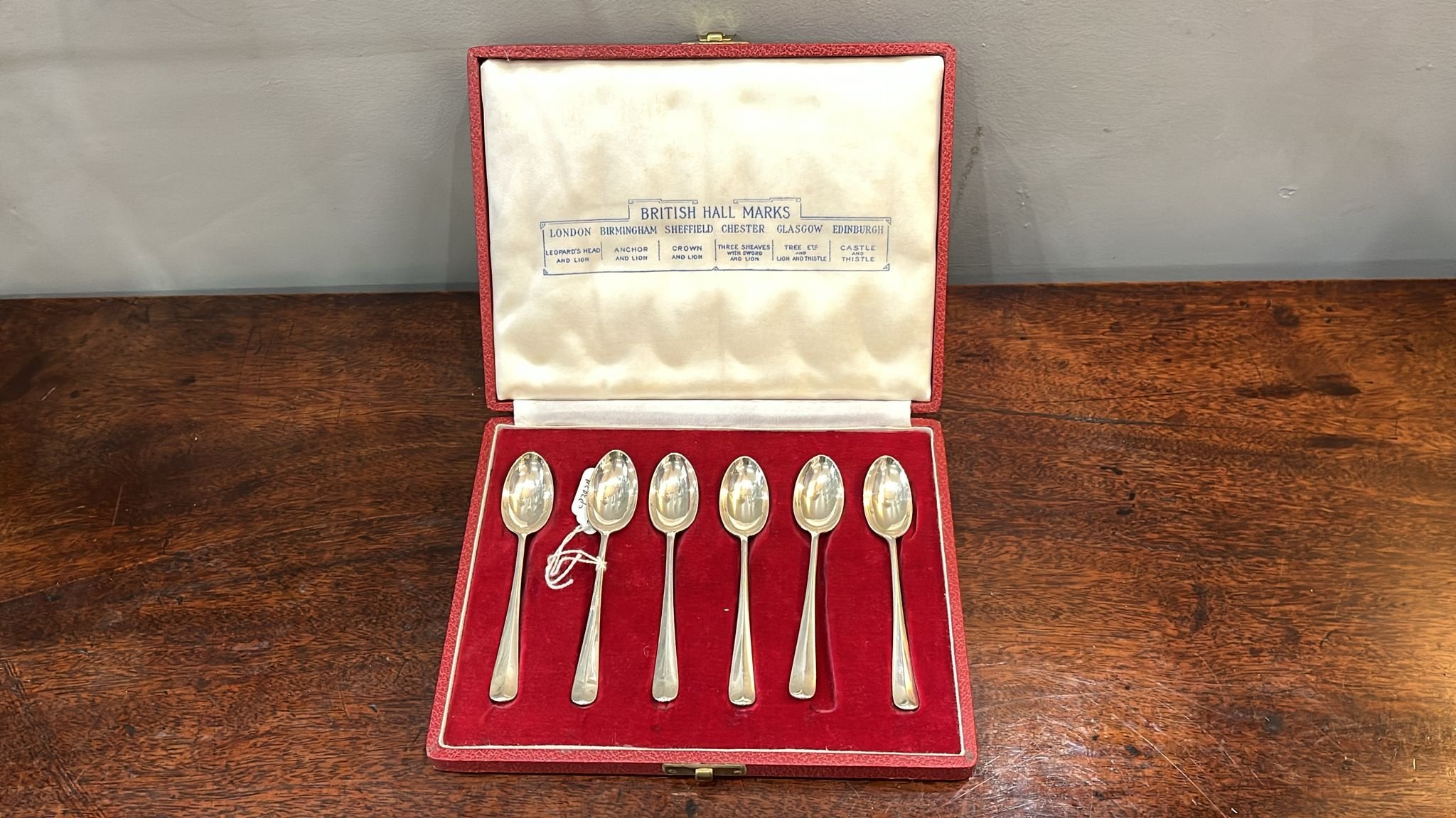 Cased set of 6 silver teaspoons made in 1953, each with a different assay office mark. (BN3934)