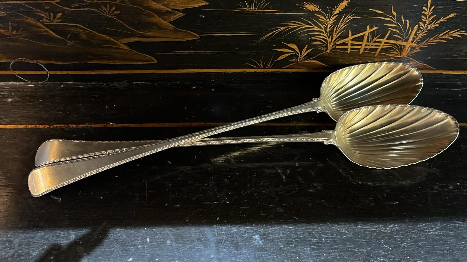 A Pair of Feather Edge Gilt Basting Spoons. Made in London in 1765 by Thomas German (BN4382)