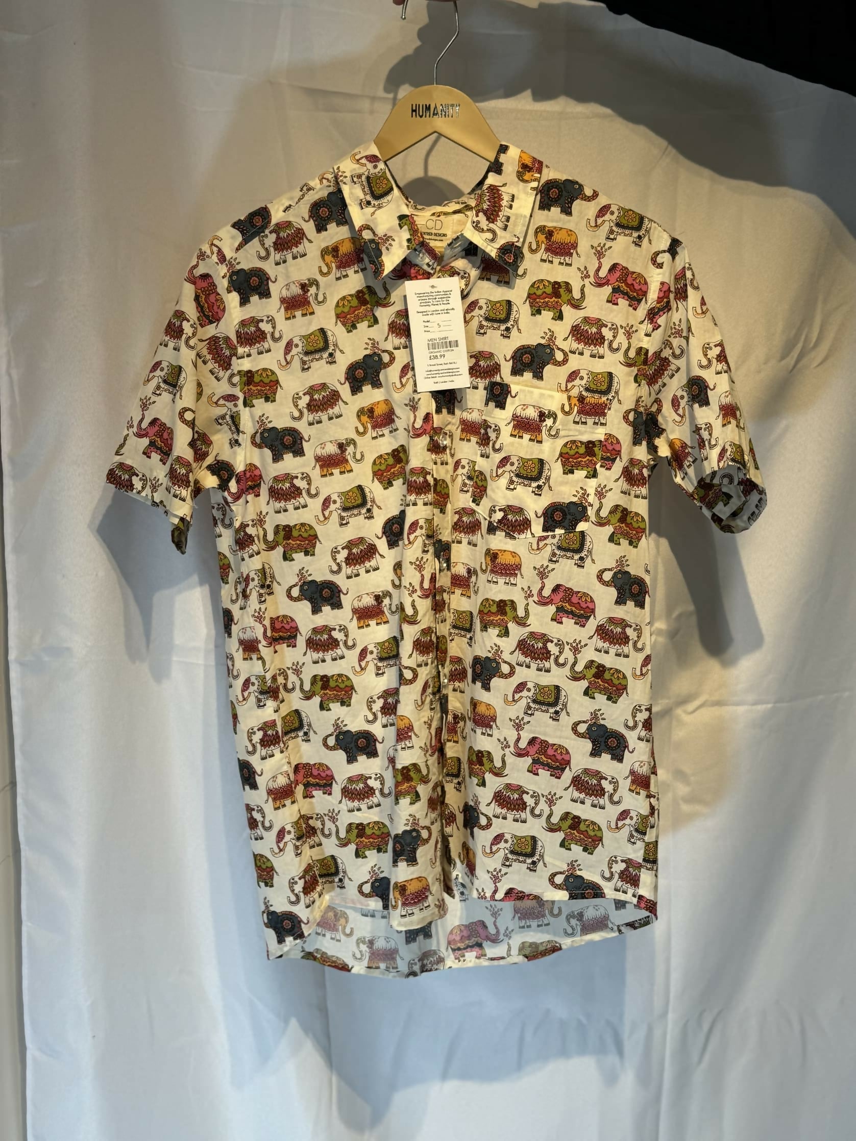 Humanity Centred Mens Summer Shirts Designs White Mulitcolor Elephant Pattern