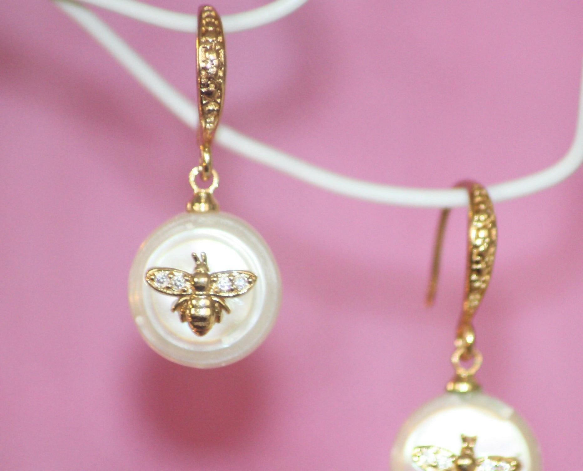 Handmade Gold Bee on Pearl Earrings