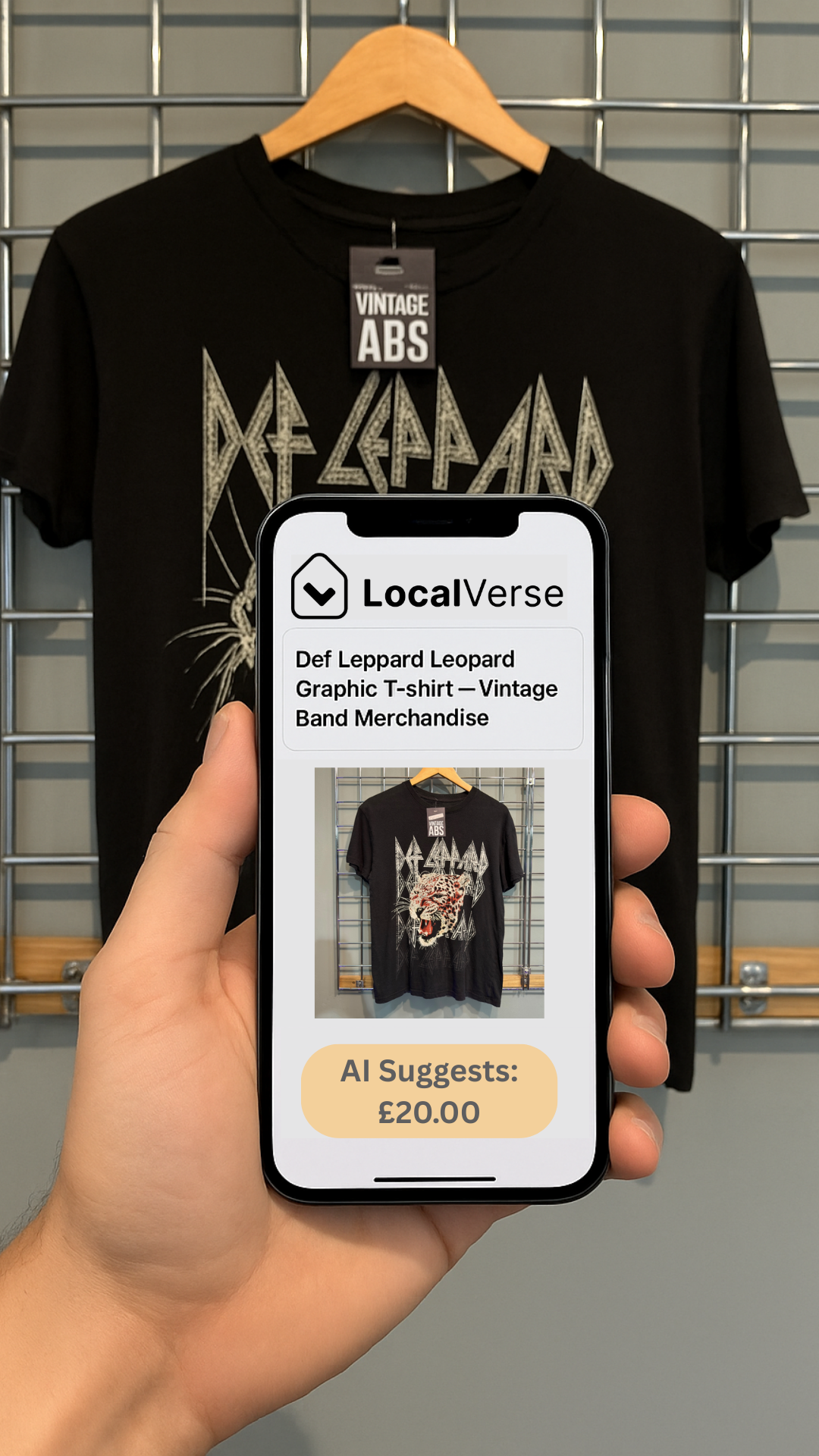 Hand holding smartphone showing LocalVerse app with Def Leppard vintage t-shirt and AI price suggestion of £20.00