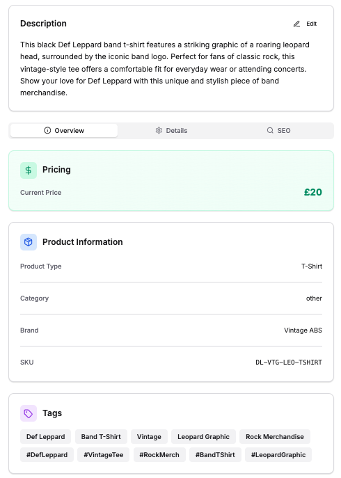 Generated product listing with description, pricing, and product information