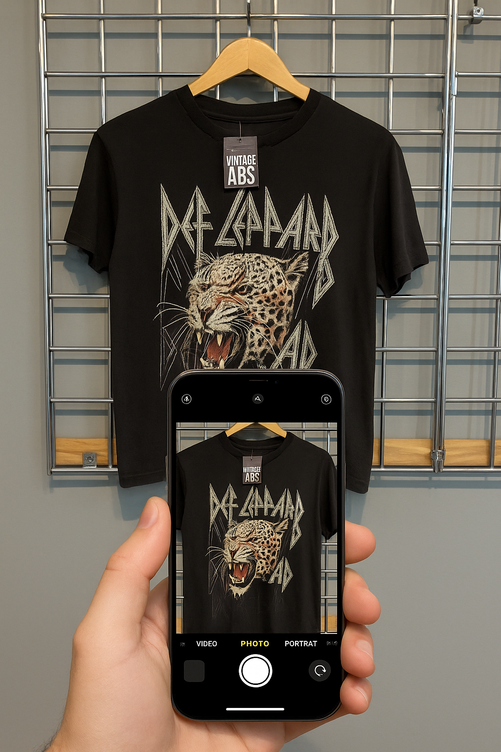 Hand holding smartphone capturing vintage Def Leppard t-shirt on metal rack